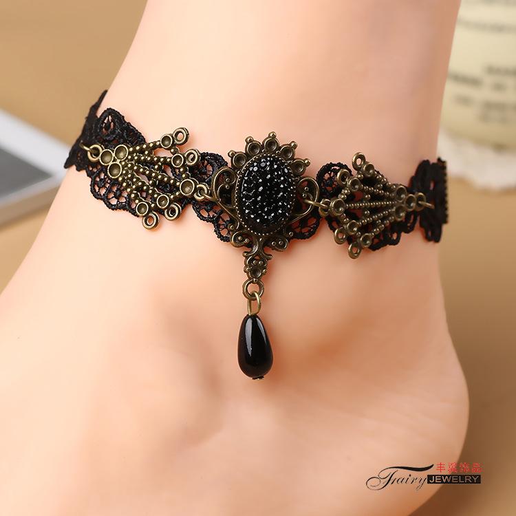 Korean style fashion vintage foot accessories lace micro-inlaid crystal anklet women's factory in stock wholesale J028