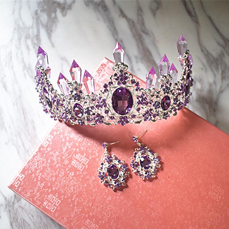 Bride's Korean-Style Purple Crystal Column Large Crown Headpiece Set Wedding Queen Hair Accessory Baroque Crown Luxury
