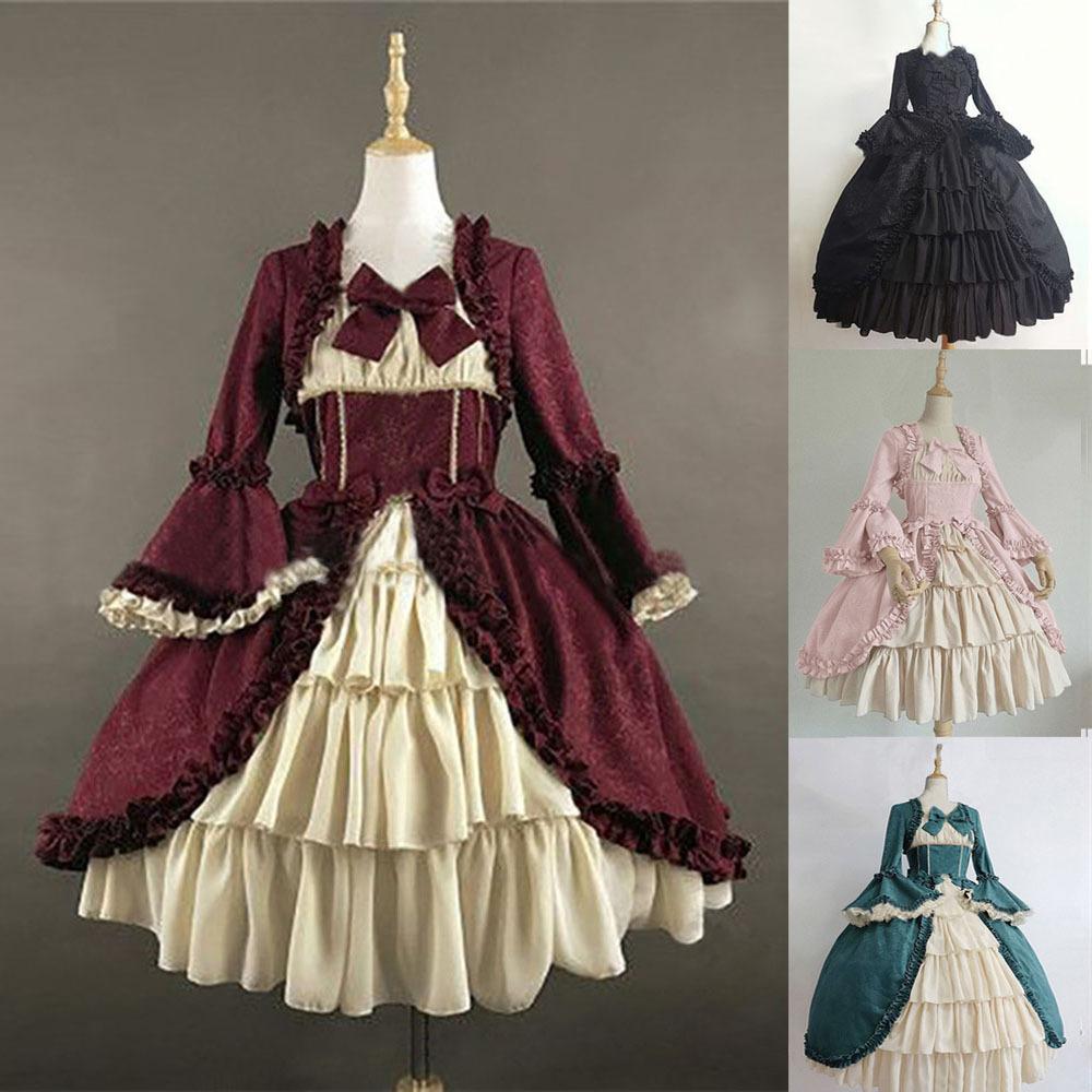 2020 European and American Medieval Retro Gothic Court Dress Square Collar Tight Waist Stitching Bow Dress