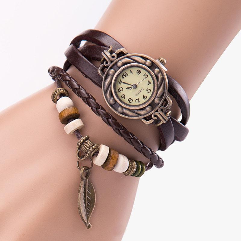 2018 fashion vintage leaf watch hand woven vintage leather ladies bracelet watch manufacturers wholesale