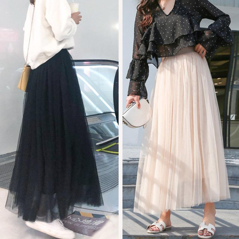 Spring and Summer Mesh Skirt Mid-length Skirt Korean Style High Waist Slimming All-match A- line Pleated Tutu Skirt