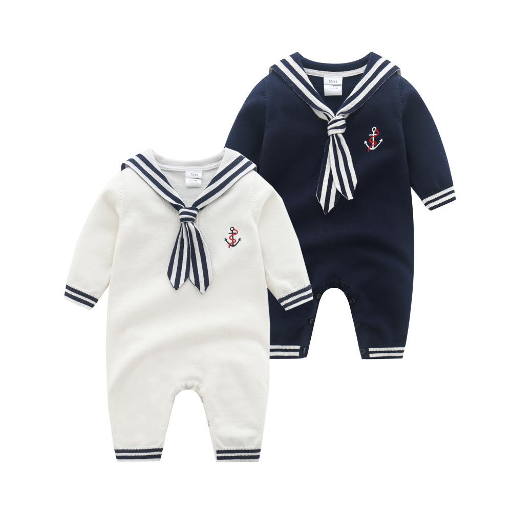 Autumn and Winter Baby Knit Romper in Navy Style for Boys, Autumn and Winter Knitted Crawling Suit with a British Style for Infants and Toddlers