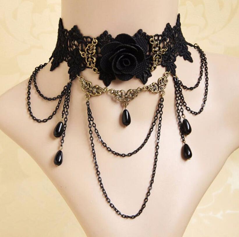European and American Exaggerated Fashion Lace Necklace Black Rose Flower Gem Pendant Necklace Chain