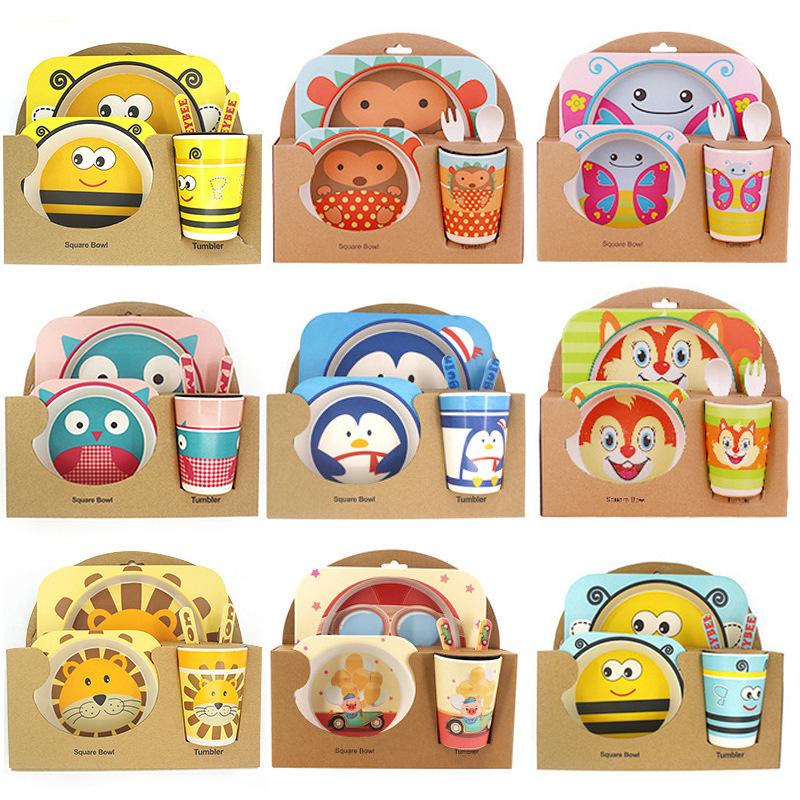 Cute Cartoon Bamboo Fiber Children's Tableware Set Five-piece Set Kindergarten Baby Bowl Children's Dinner Plate Gift Tableware