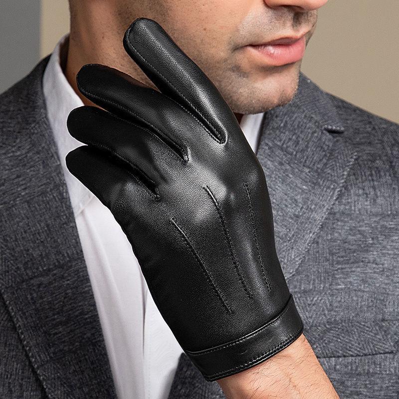 Genuine Leather Gloves Men's Autumn and Winter Short Warm Windproof Driving Motorcycle Thin Top Sheepskin Gloves