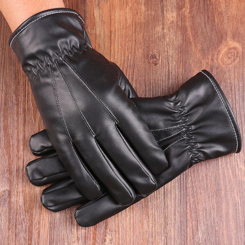 Warm gloves autumn and winter men's and women's outdoor riding PU leather touch screen fleece-lined thickened cold-proof three-way rib gloves