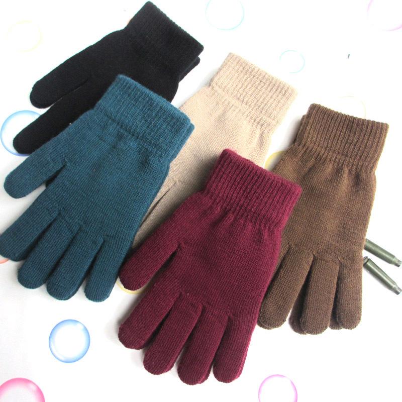 Factory wholesale warm gloves winter thickened fleece-lined stretch knitted five finger gloves hand gloves for men and women