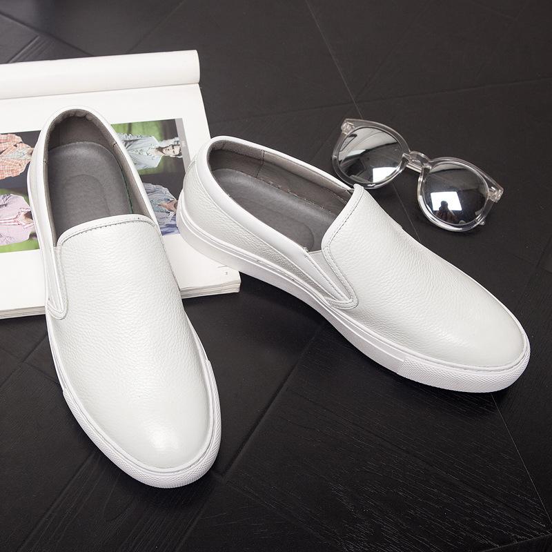 Men's Genuine Leather White Loafers Korean Style All-match Casual Sneakers Fashionable Breathable Slip-on Men's Shoes Hollow Men's Shoes