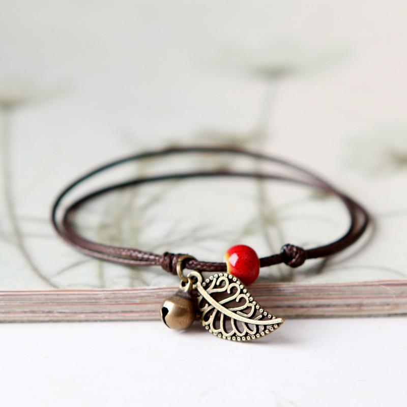 Qingge Jingdezhen Ceramic Beaded Bracelet Anklet Couple Best Friend Bohemian Retro Leaf Jewelry Stall