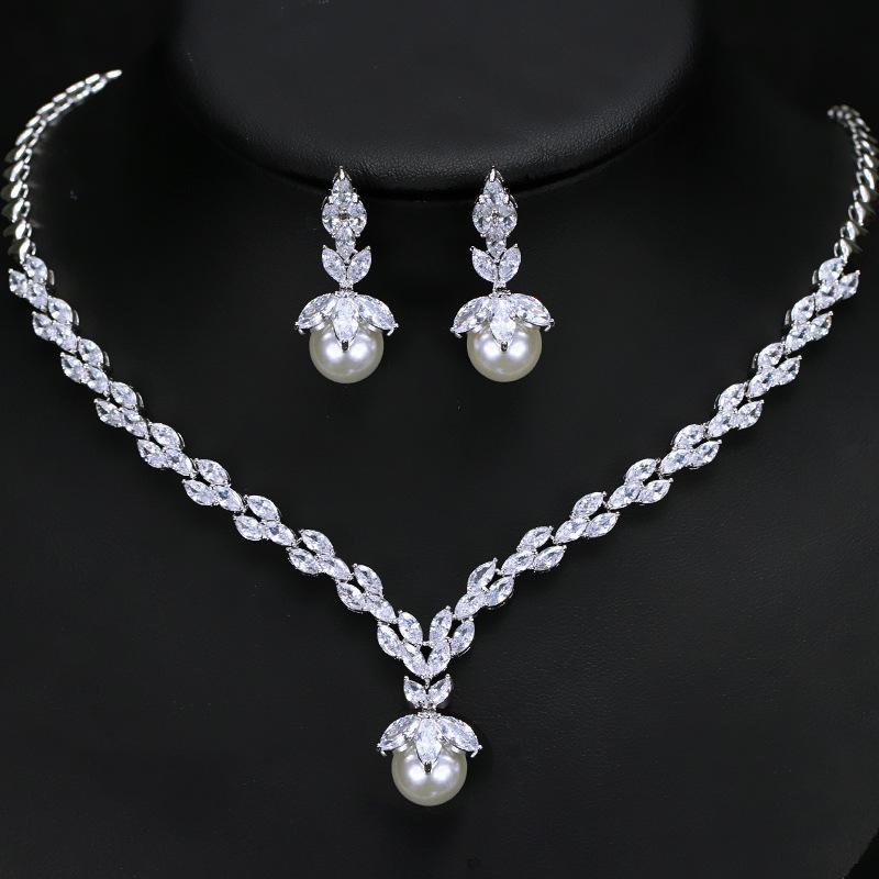 New Bride Jewelry Earrings Necklace Two-Piece Chain Zircon Shell Pearl Wedding Dress Accessories