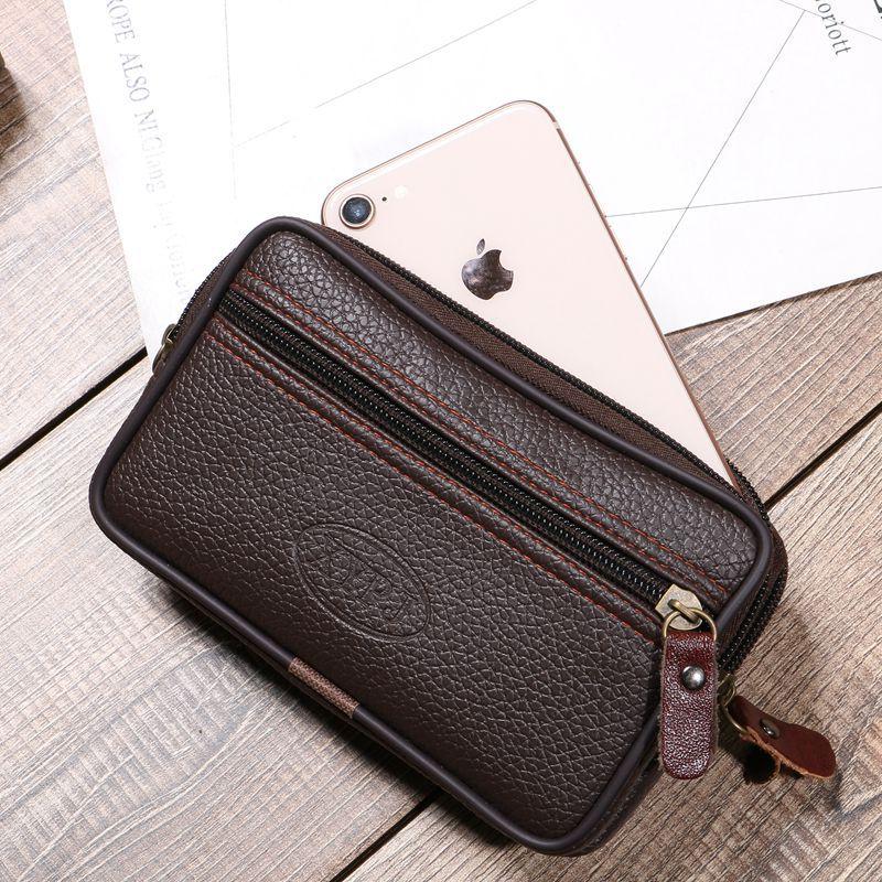 New Men's Horizontal Version Double-Layer Mobile Phone Waist Bag 5.5-6.5inch Litchi Pattern Belt Mobile Phone Bag