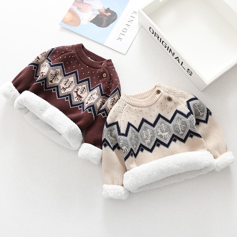Boys and Girls Fleece-lined Thickened Sweater Retro Knitted Baby's Infant Children's Base Pullover Pure Cotton Sweater