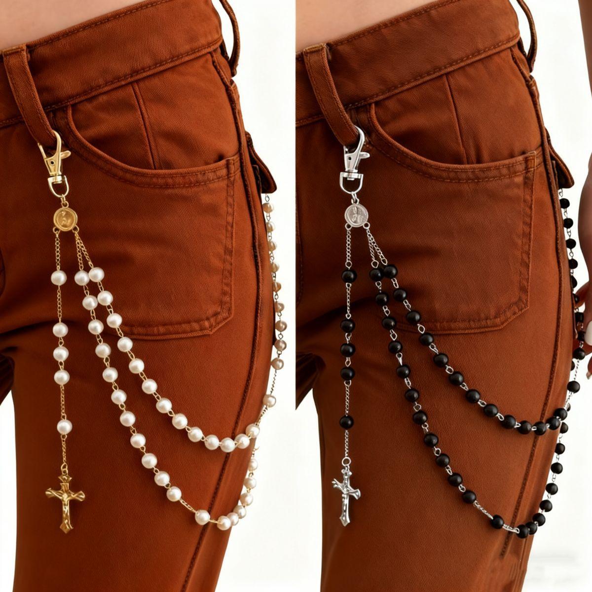 European and American Cross-Border Jewelry New Imitation Pearl Chain Double-Layer Waist Chain Personalized Chain Tassel Cross Versatile Trouser Chain