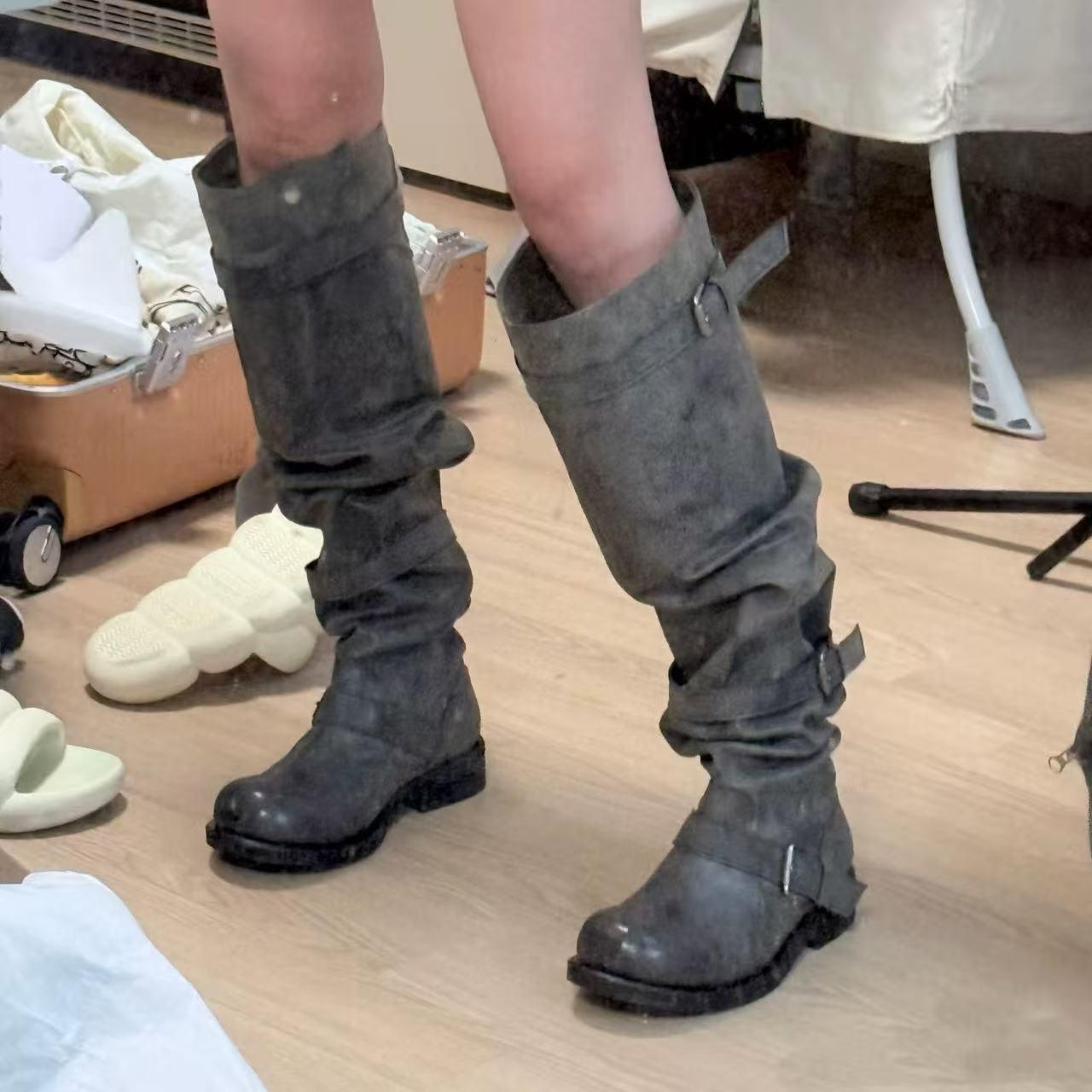 Korean-style niche design wide-calf over-the-knee boots for women, 2026 new model, pleated stacked boots with chunky heels, high-tube riding boots