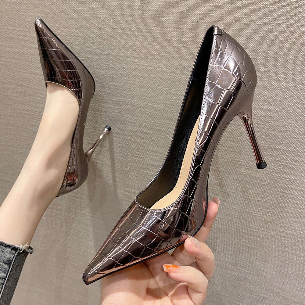 966-3 Korean Style Checkered Patent Leather High Heels French Pointed Toe High Heels Flats Feminine Banquet Shoes Super High Heels