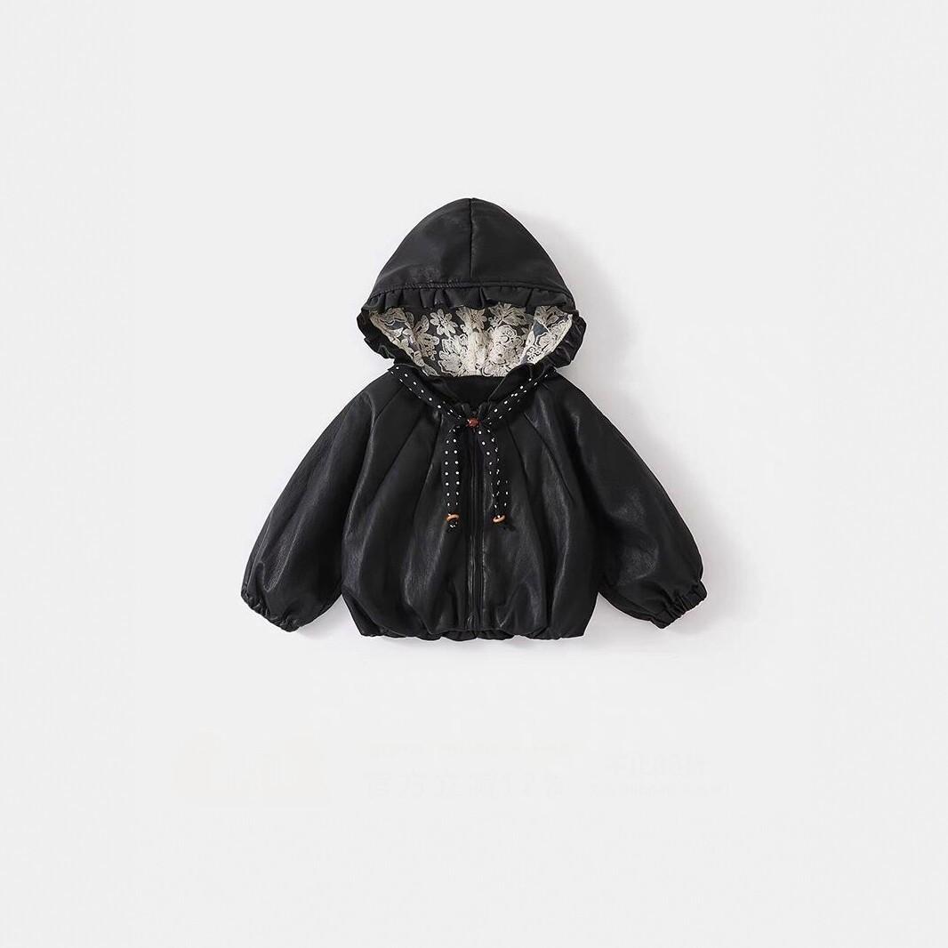 2026 Spring New Collection: Stylish Black Leather Jacket for Girls with Hood, Lace Trim, Bow Tie, and Zipper Closure