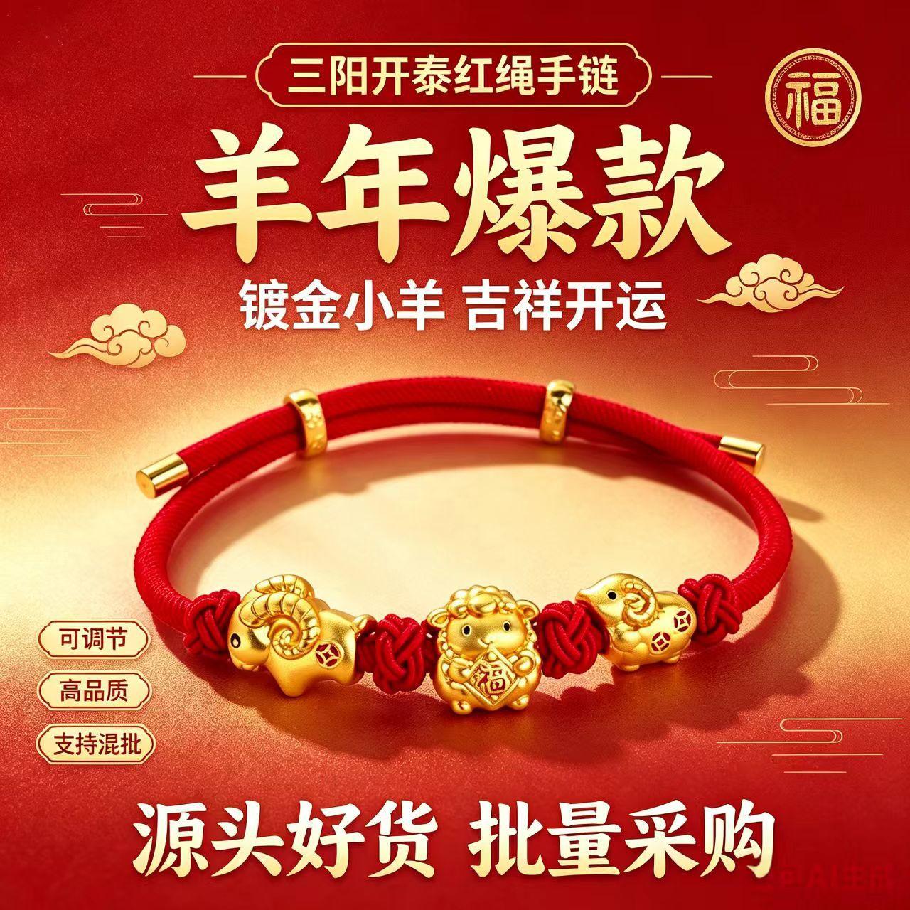 Zodiac Year Bracelet: Year of the Sheep Red Rope Woven Bracelet, Chinese Trendy Three Sheep Bring Prosperity Zodiac Sheep Jewelry, Popular Live-Stream Accessories