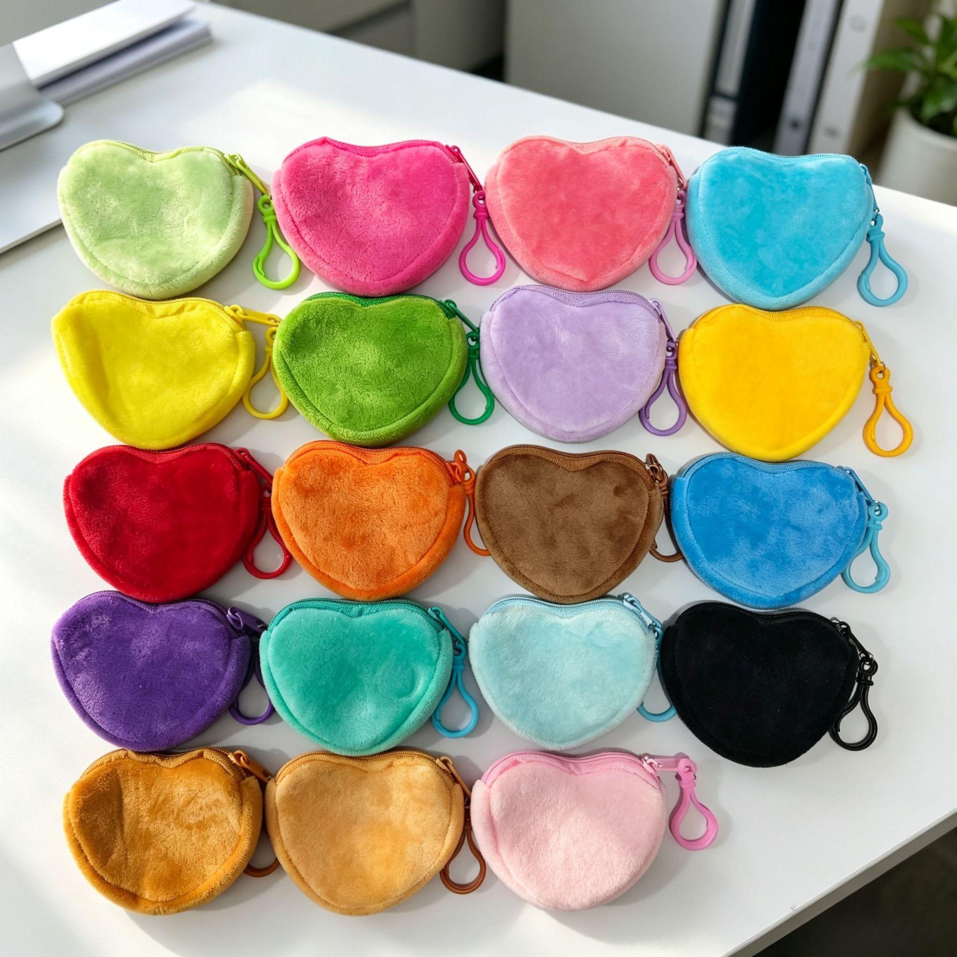 Simple candy-colored short plush heart-shaped coin purse, macaron multi-color mini wallet storage bag