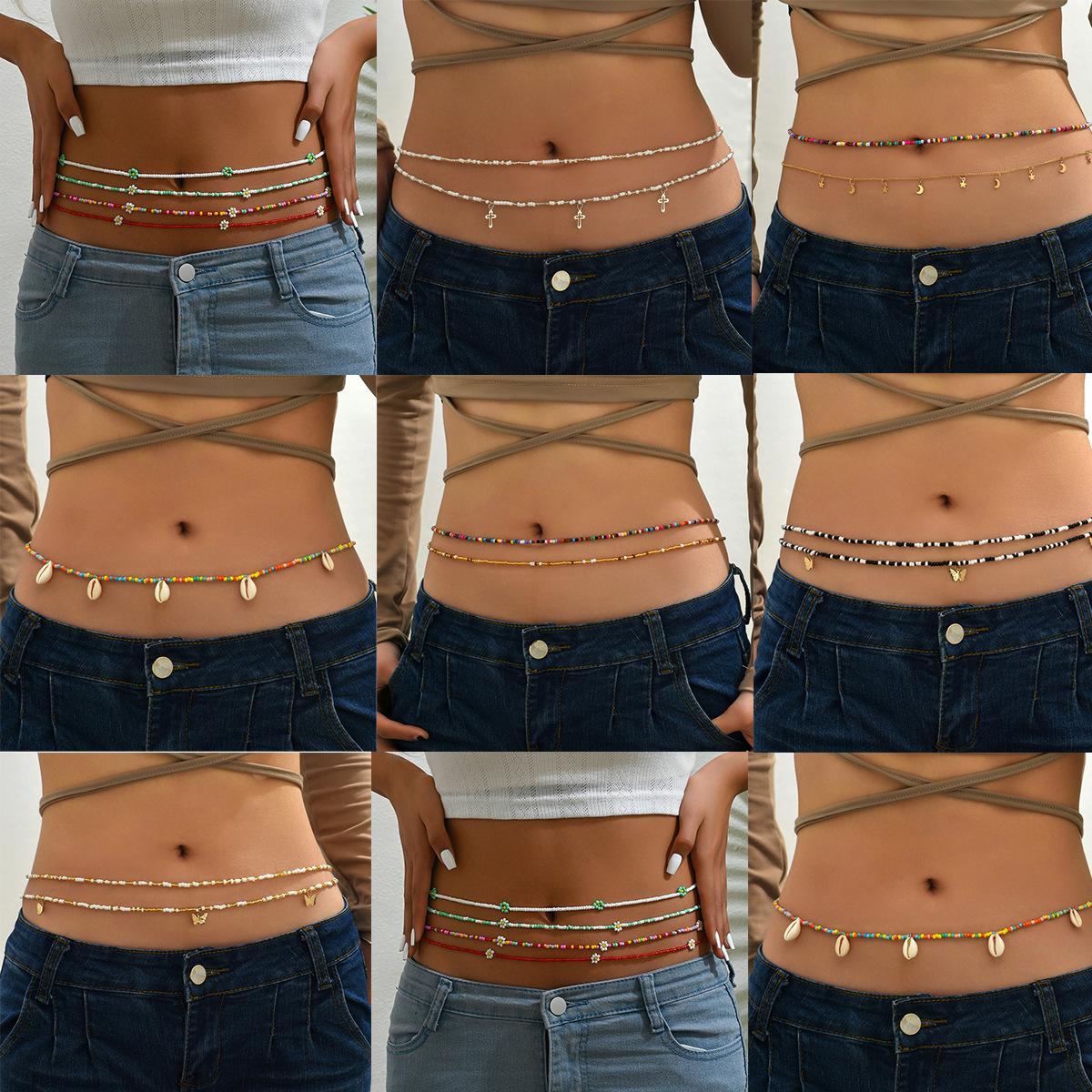 Cross-Border Hot-Selling Fashion Street Style Bohemian Style Beaded Chain Stackable Sexy Belly Chain Versatile Body Chain Waist Chain for Women