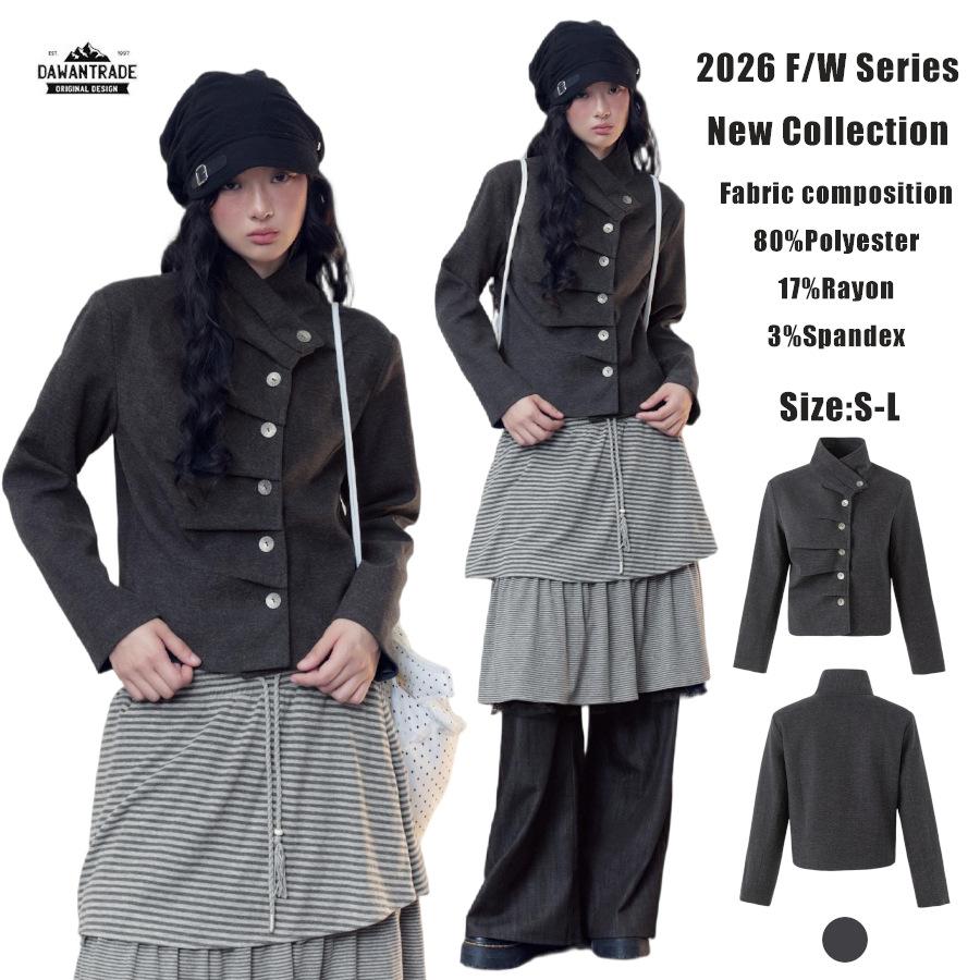 DAWAN26FW Light Asian Style Gray Deconstructed Pleated Shoulder Slim Fit Asymmetrical Stand Collar Women's Long Sleeve Jacket