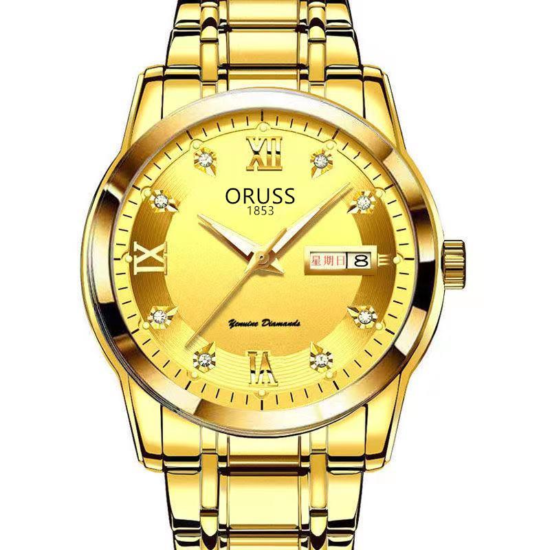 Swiss Imitation Gold Watch, Fully Automatic Non-Mechanical Watch, Elegant Business Waterproof Luminous Calendar Wristwatch for Men