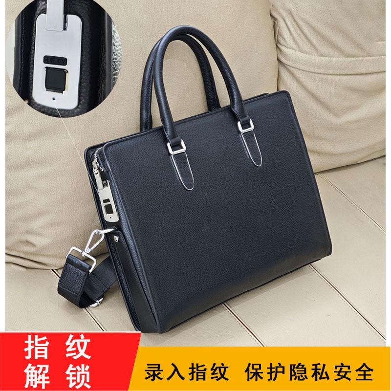 Fingerprint Lock, First-Layer Cowhide, Large-Capacity Business Commuter Leather Briefcase, Fingerprint Unlocking for Business Commuting