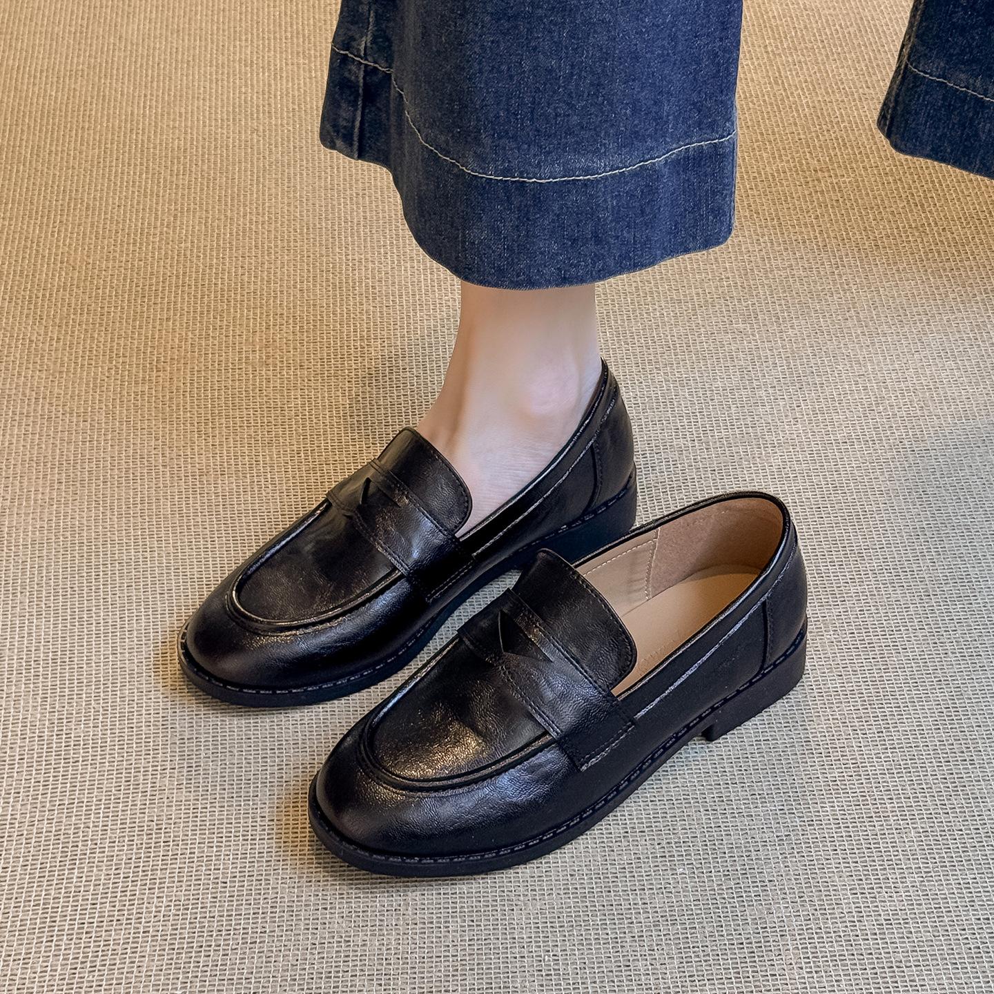 Cowhide Version ~ Black Flat-Heeled Genuine Leather Loafers for Women, Spring & Fall New French Round-Toe Retro Shoes, Small Leather Shoes