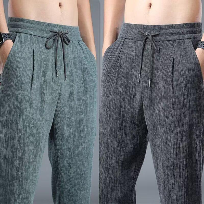 Men's Linen Casual Pants 2024 New Summer Ice Silk Thin Trousers Loose Straight Men's Air-Conditioned Pants