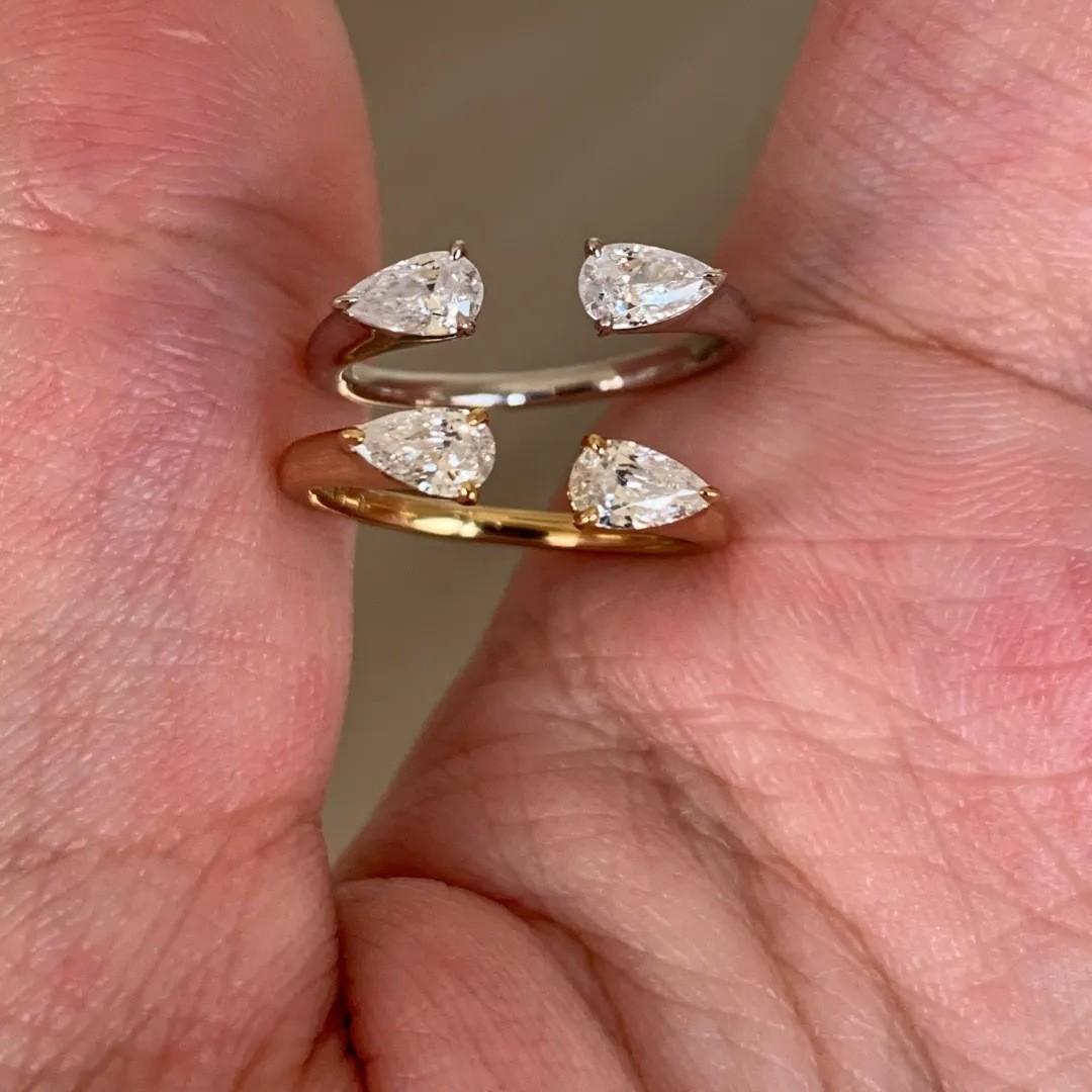 Trendy and fresh sparkling twin star and double water drop open tail ring, high-end niche design, light luxury diamond ring for women