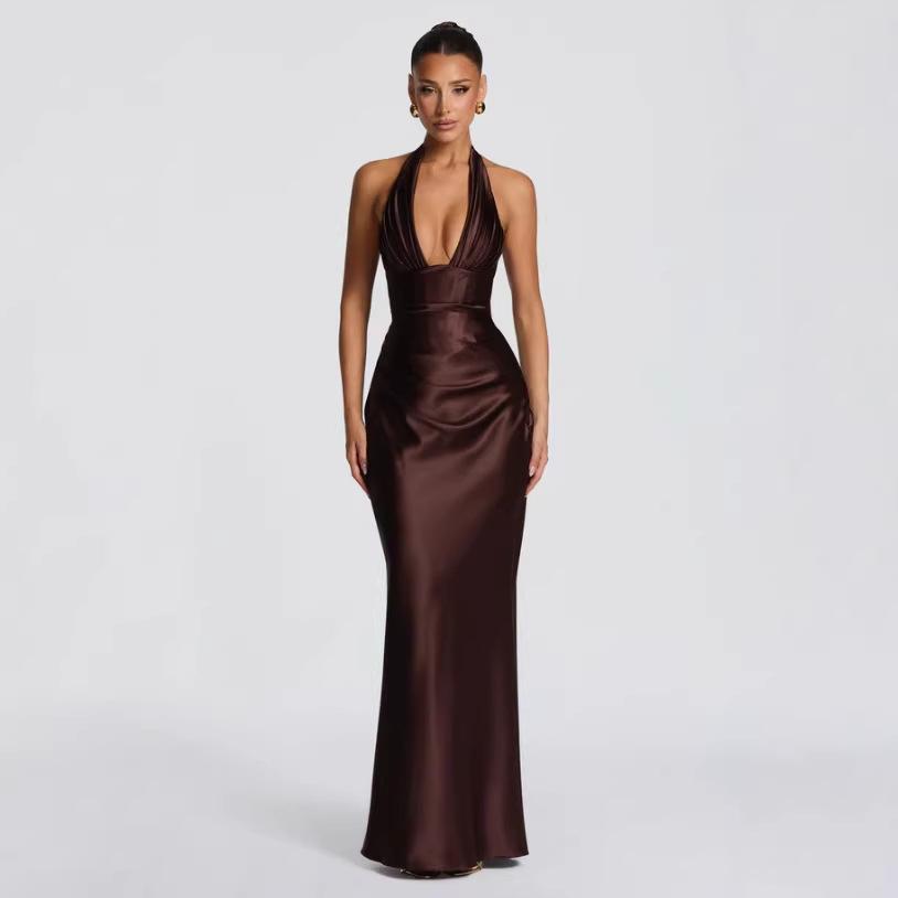 Cross-border Amazon European and American summer elegant dress with deep V-neck, ruched neckline, halter neck, satin fishtail evening gown
