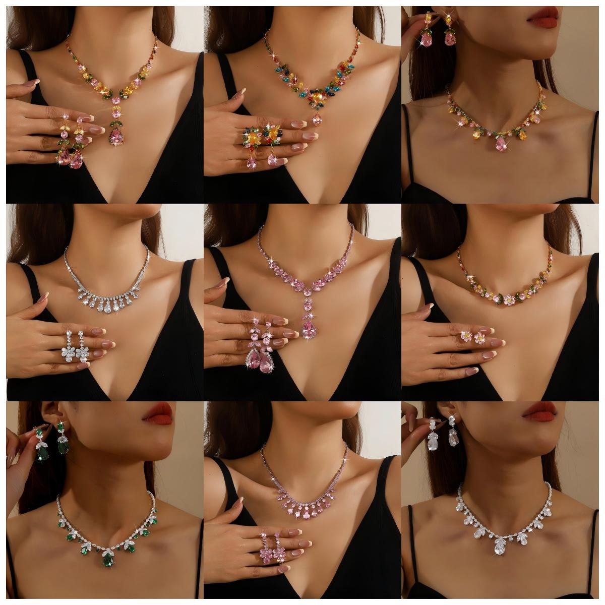 Amazon Colorful Heavy-Duty Necklace and Earrings Jewelry Set Luxurious Fashionable Bridal Wedding Evening Zircon Jewelry for Women