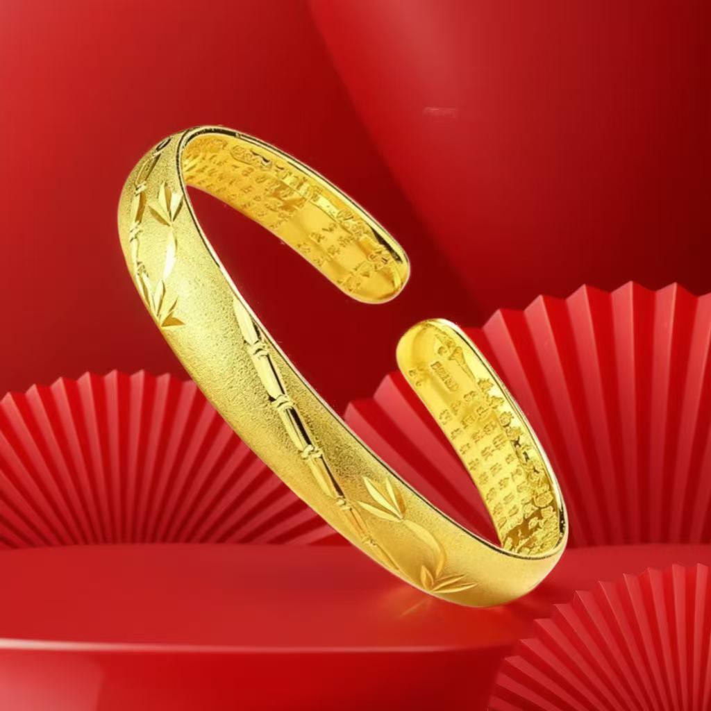 Traditional bamboo joint open bracelet with bamboo leaf design, inner wall engraved with the Heart Sutra, symbolizing continuous progress, wedding imitation gold jewelry, live streaming supply