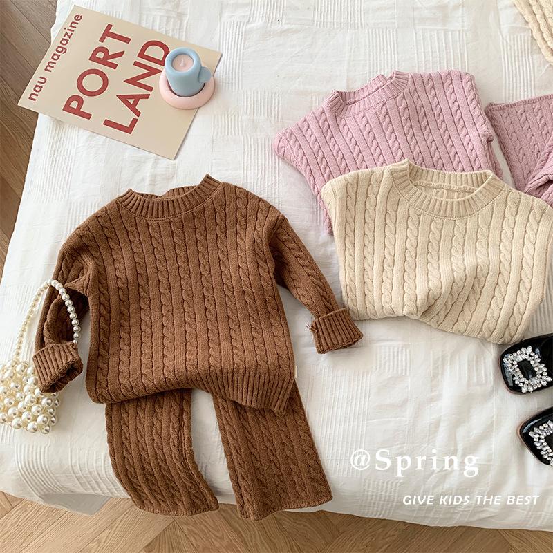 Children's Cable Knit Sweater 0-6 Years Old Autumn Girls' Solid Color Knitwear Stylish Bell-Bottom Pants Baby Clothes Trendy