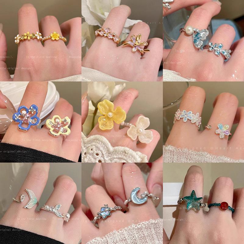 Dopamine Color Flower Ring Women's New Cute Small Fresh Index Finger Ring Light Luxury Exquisite Niche High-End Ring