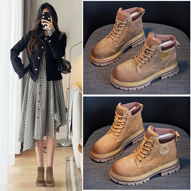 European Style Martin Boots for Women 2023 Autumn Soft Sole Retro Women's Ankle Boots Cow Suede Frosted Work Boots Soft Sole Height Increase