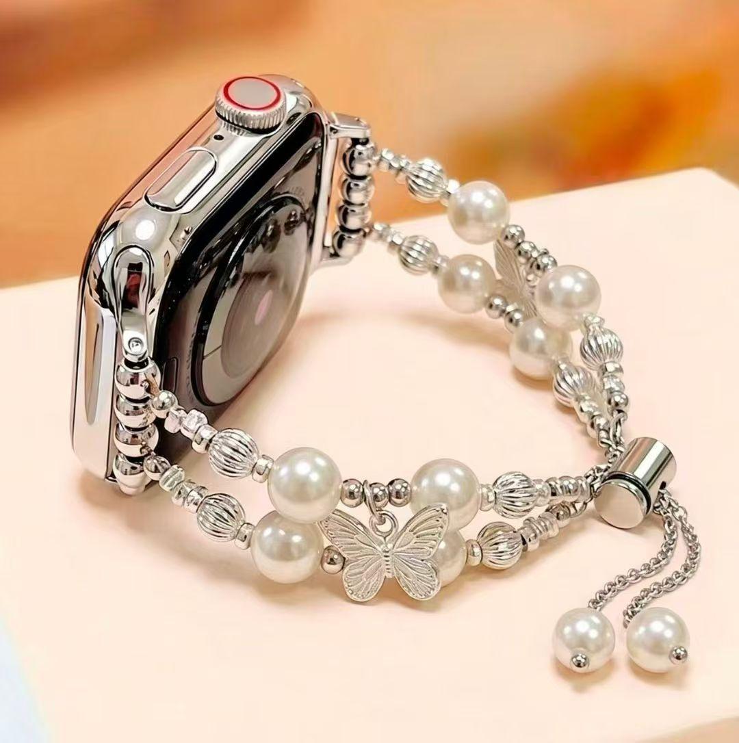 Pearl and Silver Butterfly Adjustable Watch Band Suitable for Apple Watch 8/Iwatch 9 for Women in Summer
