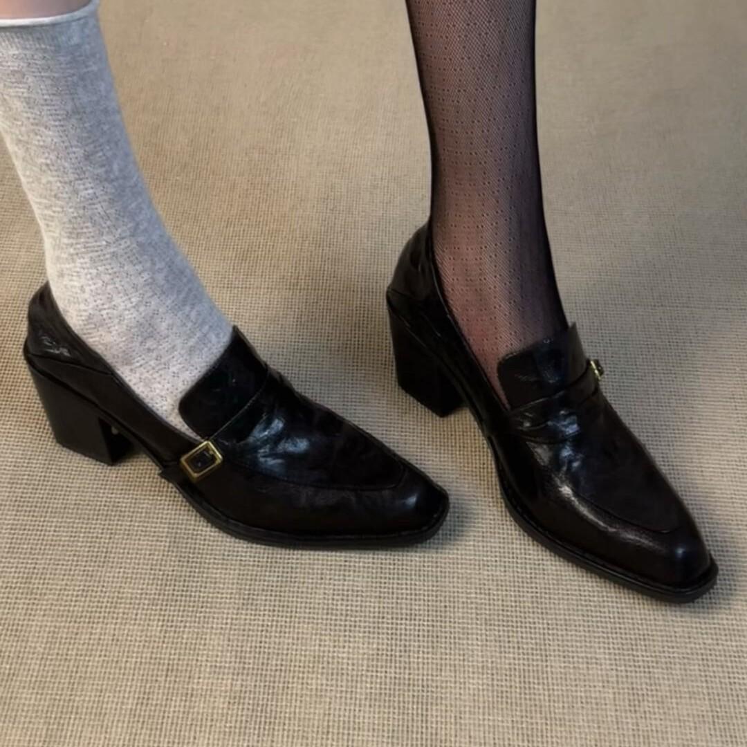 Sheepskin version~British style buckle leather shoes for women, slip-on chunky heel loafers, pointed toe high-heeled commuter shoes