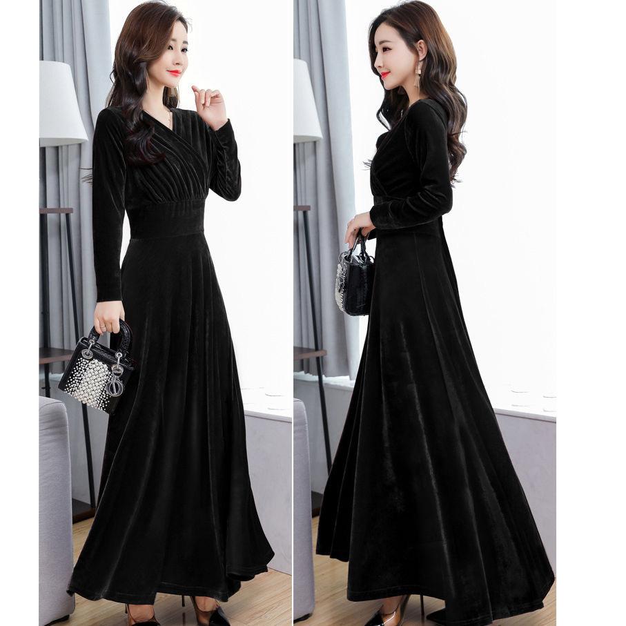 2024 Spring and Autumn Winter New Gold Velvet dress Long Slim-fit Elegant Long-sleeved plus size Autumn Women's Long Dress