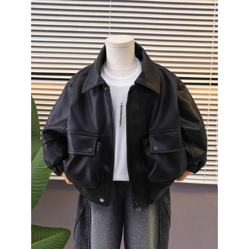 Boys' Leather Jacket, Spring and Autumn Style, New Children's Cool Biker Leather Jacket, Spring Baby Clothing, in Stock