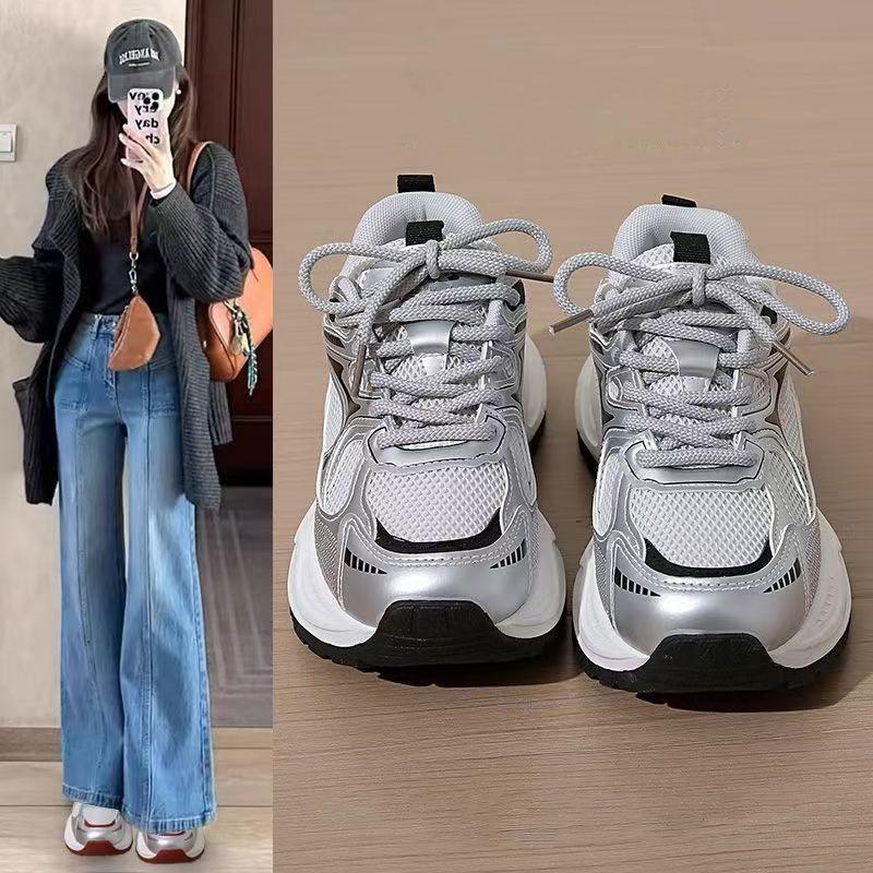 Large Size Dad Shoes for Women, Spring and Autumn 2026 New Style, Versatile White Sneakers with Thick Soles for Height Increase, Stylish Running Sports Shoes