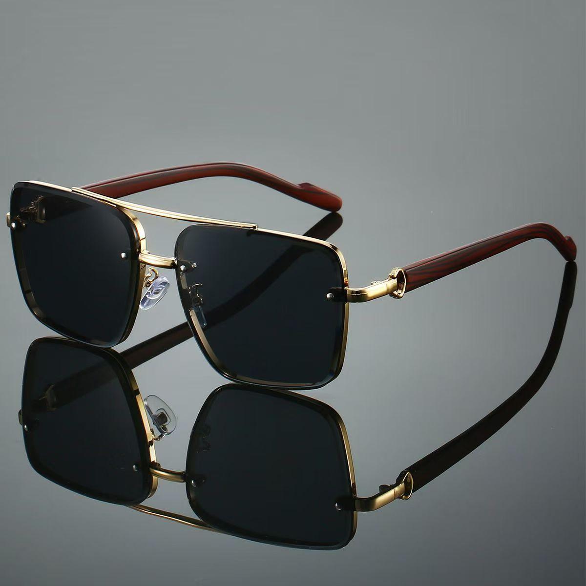 New Style Metal Double-Bridge Square Frame Sunglasses with Wood Grain Legs, Trendy European and American Style Sunglasses for Men, Driving Sunglasses