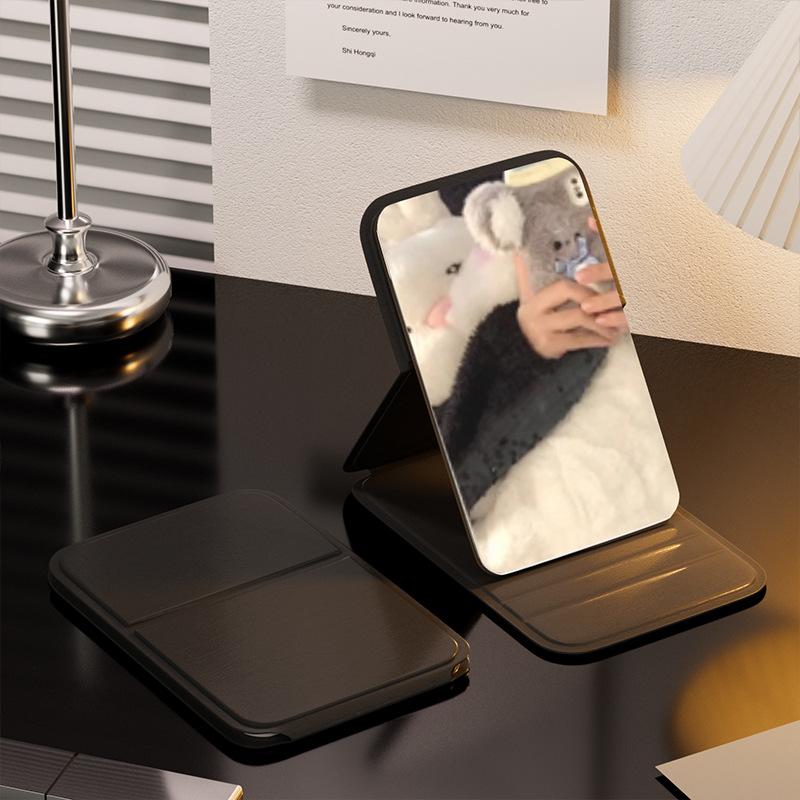 Foldable Mini Desktop Makeup Mirror Portable Small Mirror Solid Color pu Leather Desktop Dressing Mirror Convenient Mirror