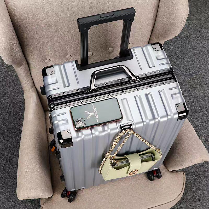 Aluminum frame suitcase with silent universal wheels, suitable for both men and women, students, and travelers; features a password lock and large capacity