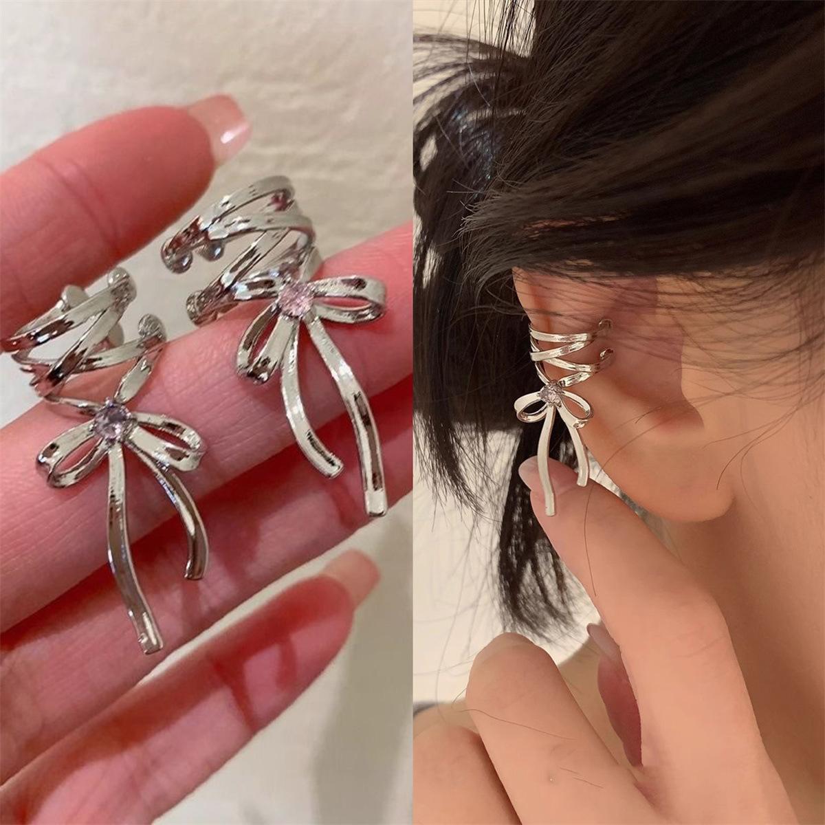 Ribbon aesthetic ear clip female ins trendy cold ballet style ribbon bow earless ear bone clip student earrings