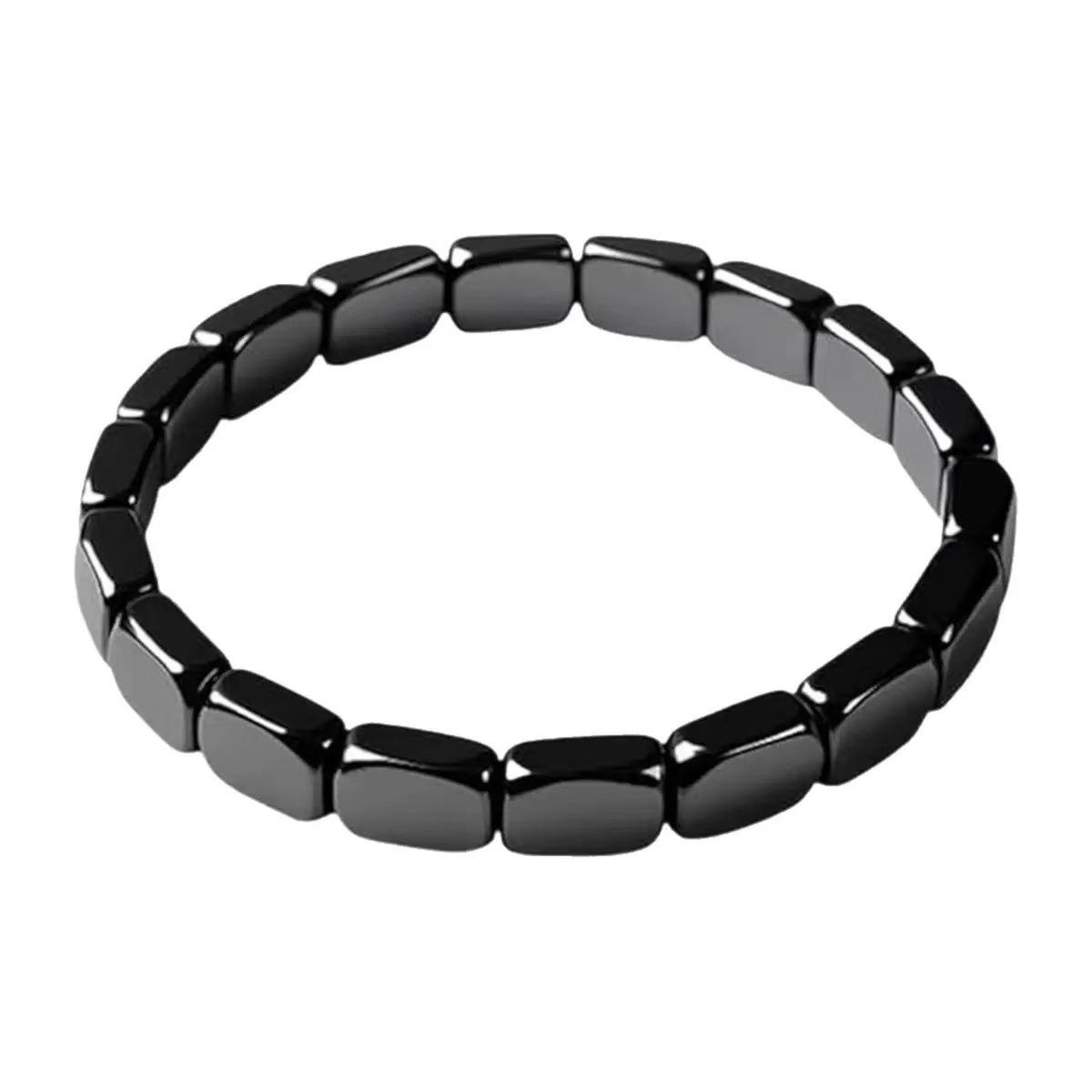 Men's Fashion Black Gallstone Bracelet, Geometric Beaded Unisex Elastic Trendy Accessory, 20cm Circumference