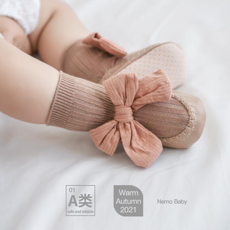 Spring and Autumn Baby Leather Floor Shoes and Socks Baby Socks Mid-Tube Anti-Fall Korean Style Bow Princess Socks Toddler Socks and Shoes