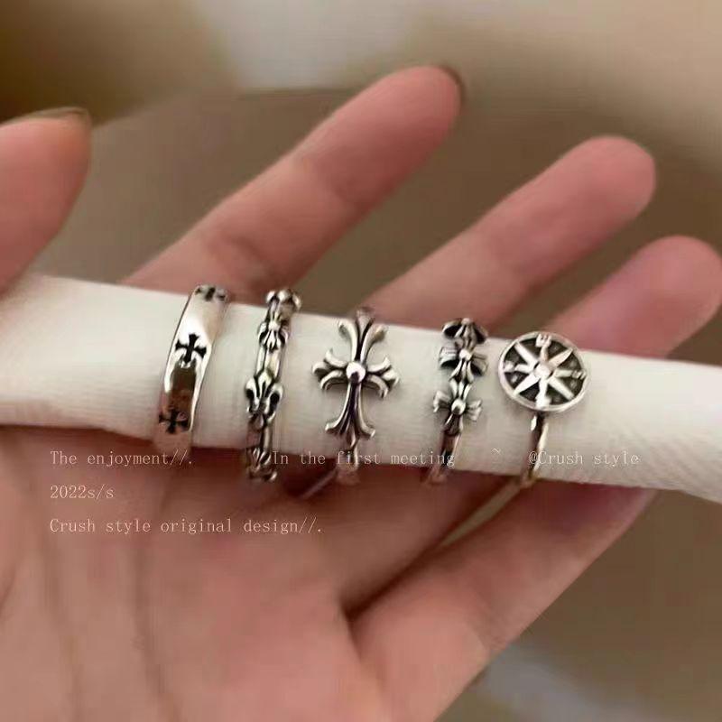 Dark Vintage Chrome Hearts Cross Open Ring for Women, European and American Style Niche Design, Simple and Fashionable Personality Ring