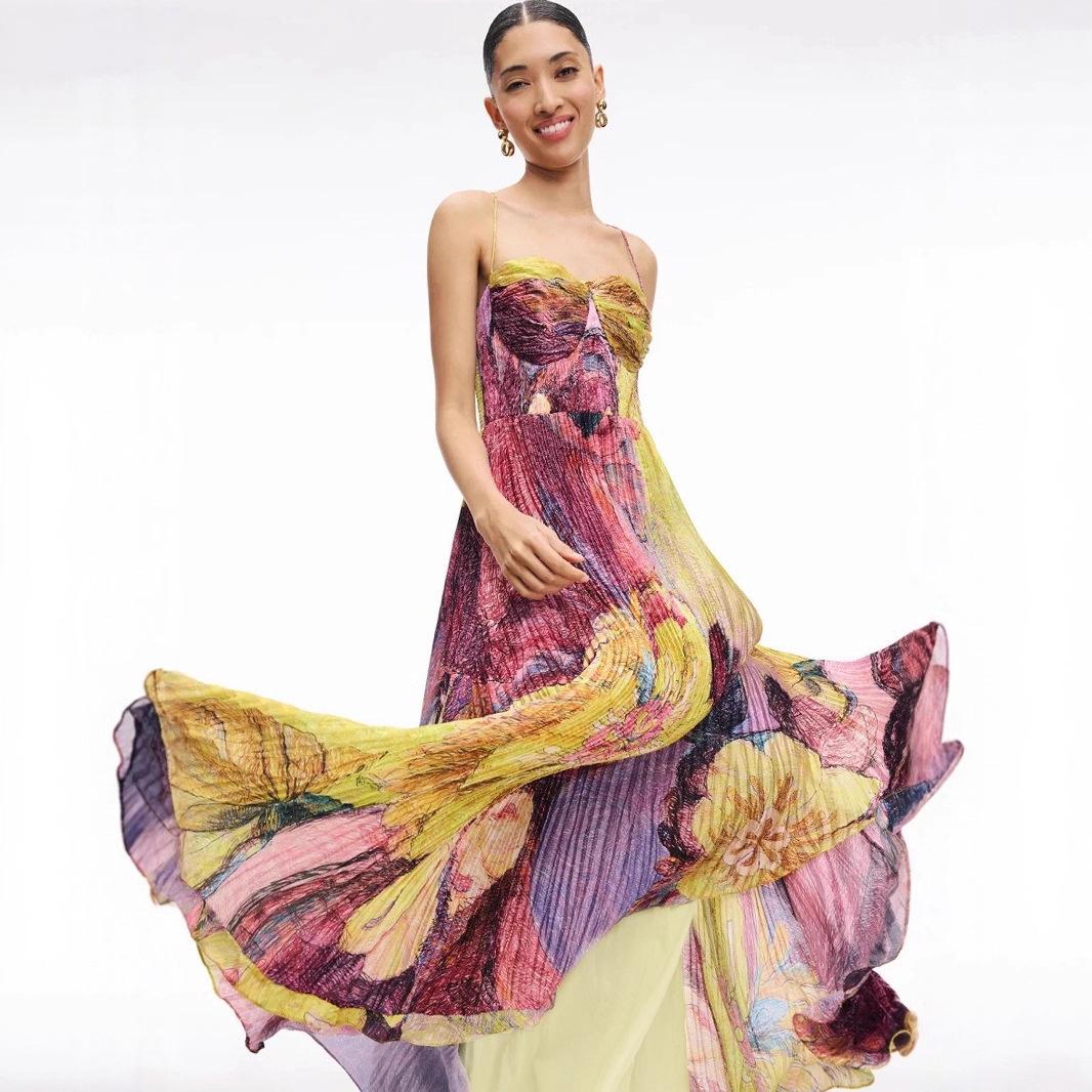 Amazon Cross-Border European and American Clothing New Fashion Suspender Pleated Evening Dress Waist A-Line Sexy Dress