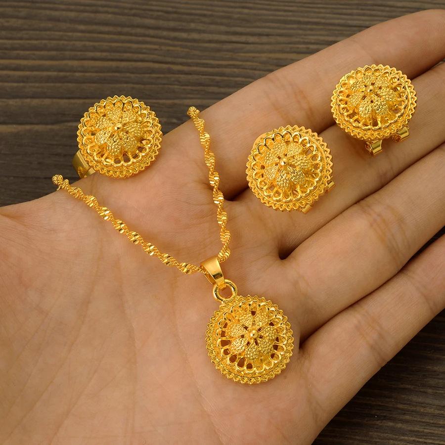 African Dubai Gold Jewelry Set Bridal Necklace Earrings Bracelet Jewelry European and American Fashion Women's Accessories
