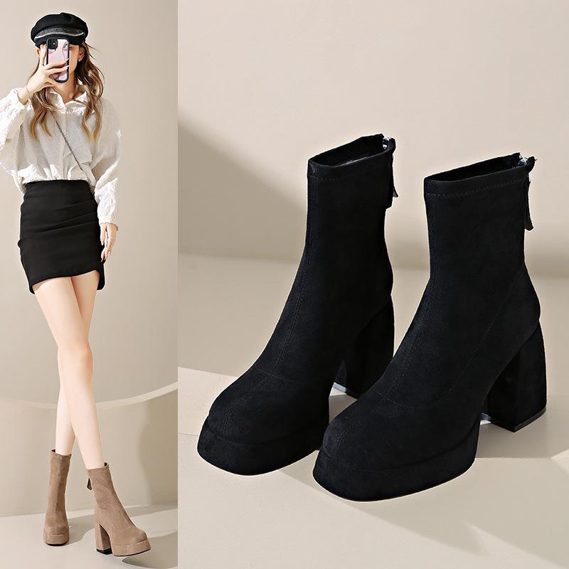 New Suede Thick Bottom High Heel Martin Boots Women's Fashionable Rear Zipper Suede Martin Boots Women's Fashionable High Heel Cloth Boots